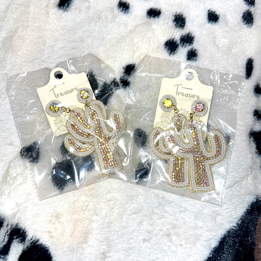 Rhinestone Cactus Felt Backed White Beaded Hook Earrings